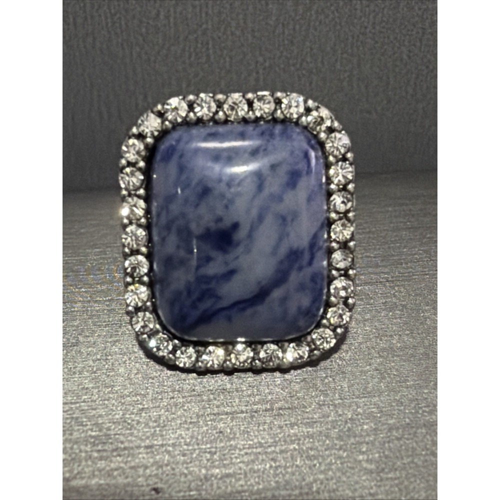Blue Stone Cabochon Rhinestone Halo Silver Tone Ring Size 8 C+I Signed